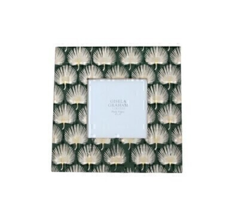 Green and Gold Leaf Picture Frame By Gisela Graham This lovely square picture frame features a gold leaf design on a dark green background and fits a square 4 x 4 inch photo. Made by London based designer Gisela Graham who designs really beautiful gifts for your home and garden.  This petite photo frame would suit any home decor and would make a lovely gift.